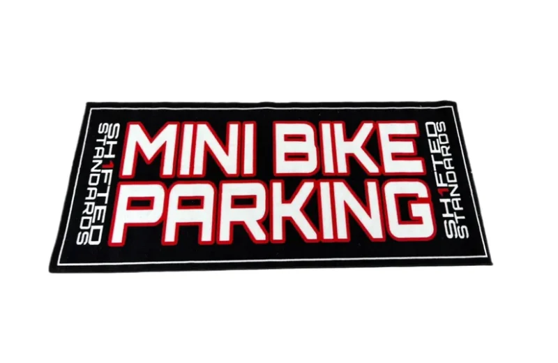 Mini Bike Showroom Carpet featuring a rubber backing, ideal for parking and displaying mini bikes in garages or at events.