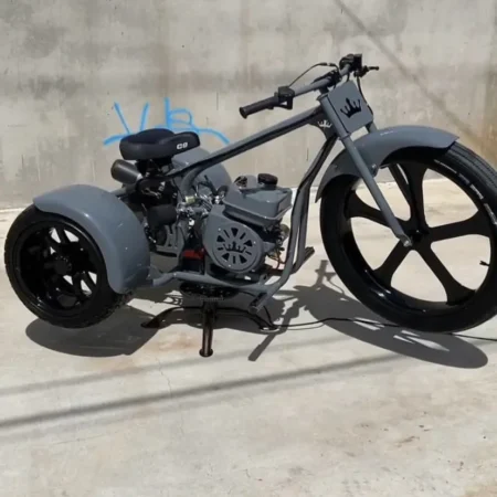 Gray Colored Mini Trike showcasing its 212cc electric start engine and robust design.